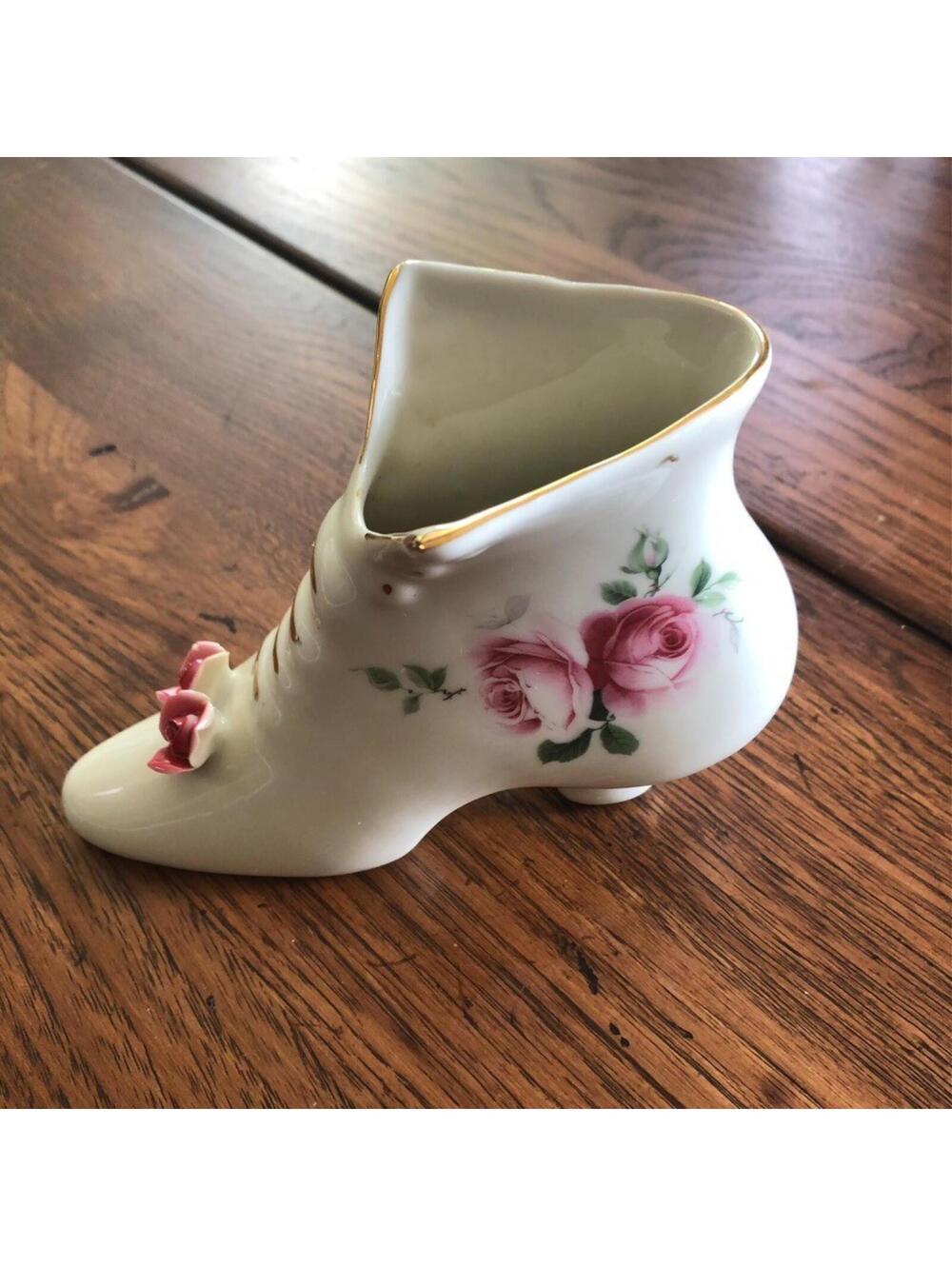 Victorian Ceramic High Heel Shoe Boot Gold Trim Pink Roses